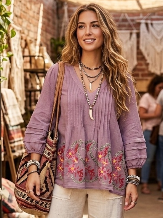 fig and flower Tops - Figueroa & Flower XL floral matte satin embroidered boho blouse dusty mauve